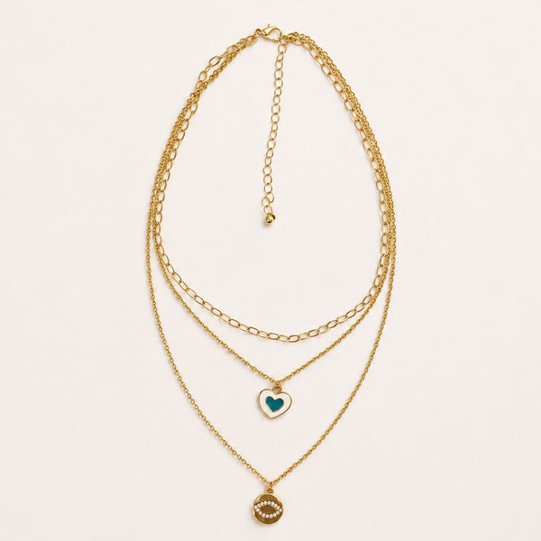 Layered Enamel Heart & Pavé Evil Eye Disc Necklace| 31N22009