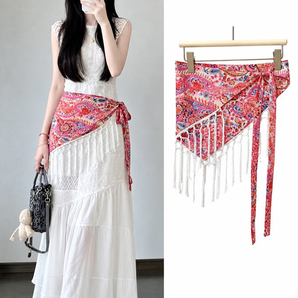 Paisley Print Fringe Triangle Hip Scarf Belt | 40SC752