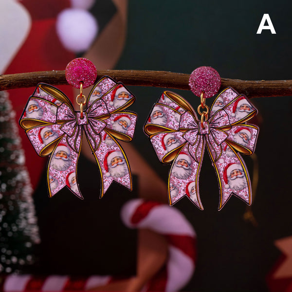 Pink Coquette Holiday Acrylic Bow Drop Earrings | 80E63507