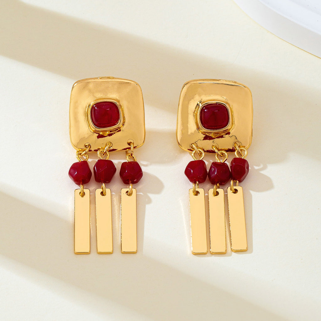 Burgundy Beaded Geometric Bar Drop Earrings | 80E63518 – JOSSLYN by ...