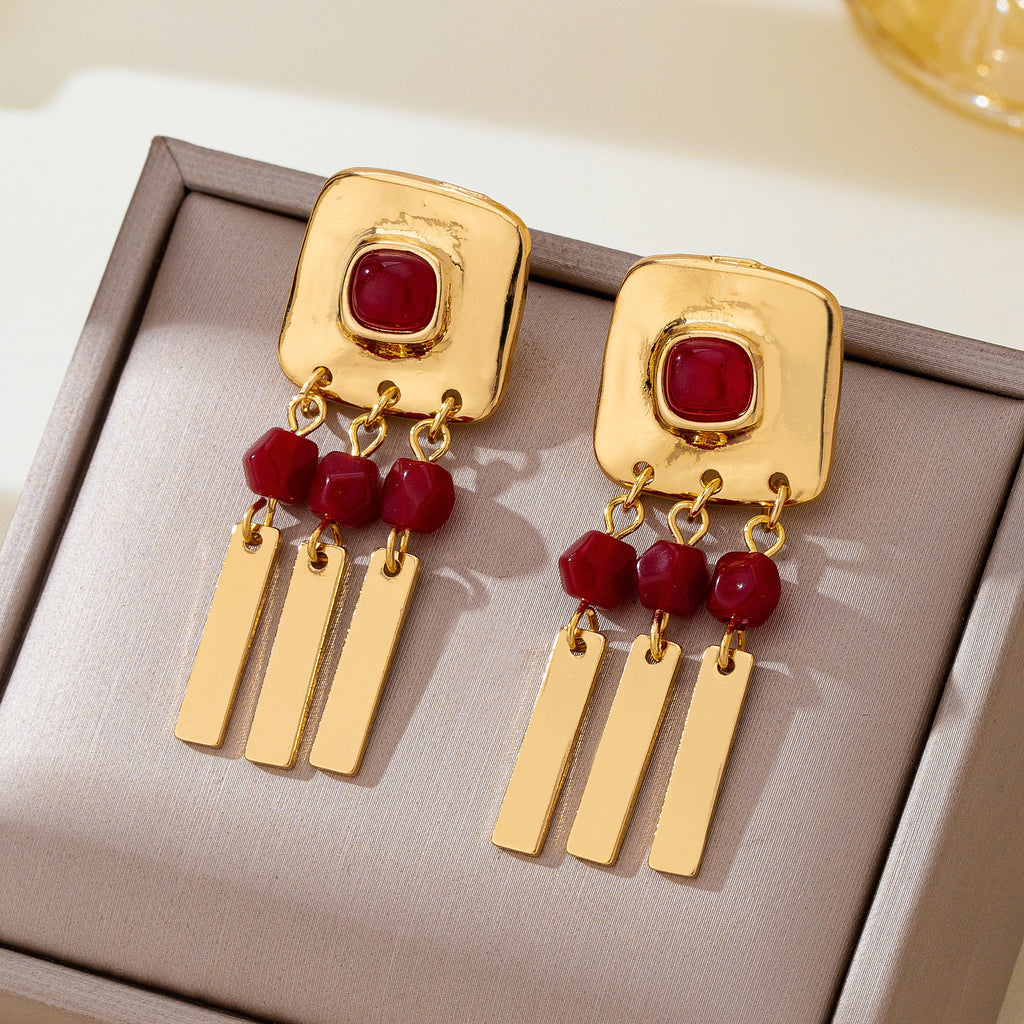 Burgundy Beaded Geometric Bar Drop Earrings | 80E63518 – JOSSLYN by ...