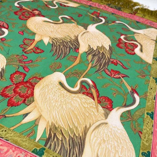Crane Floral Print Fringed Square Scarf | 40SC750