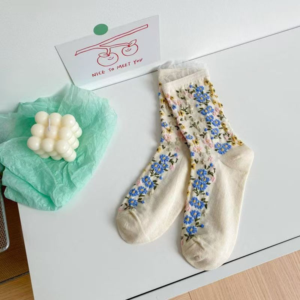 FLORAL PRINT SHEER MESH CREW SOCKS | 40S02097