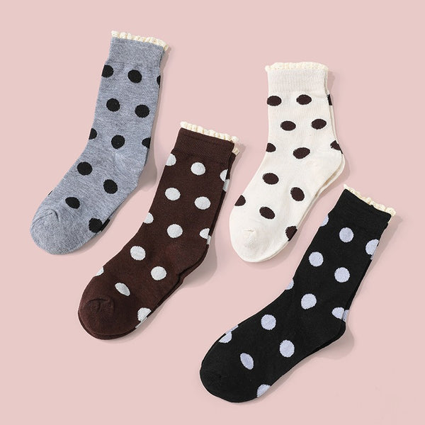 Polka Dot Lace Ruffle Trim Crew Socks | 40S02100