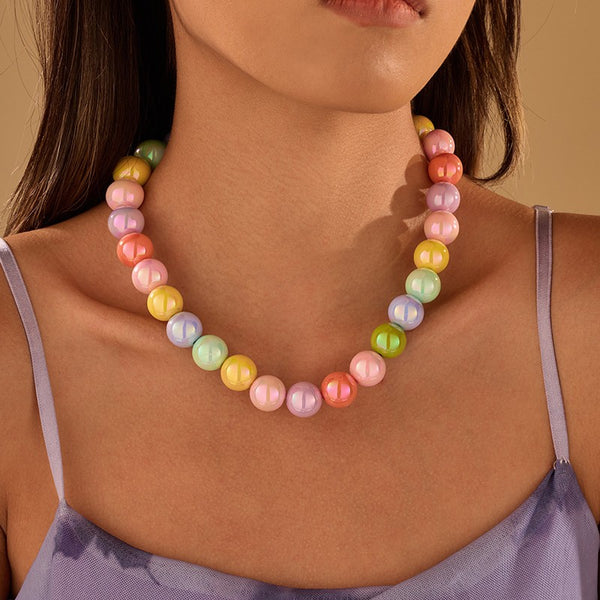 Chunky Pastel Iridescent Pearl Bead Collar Necklace|40NK9846