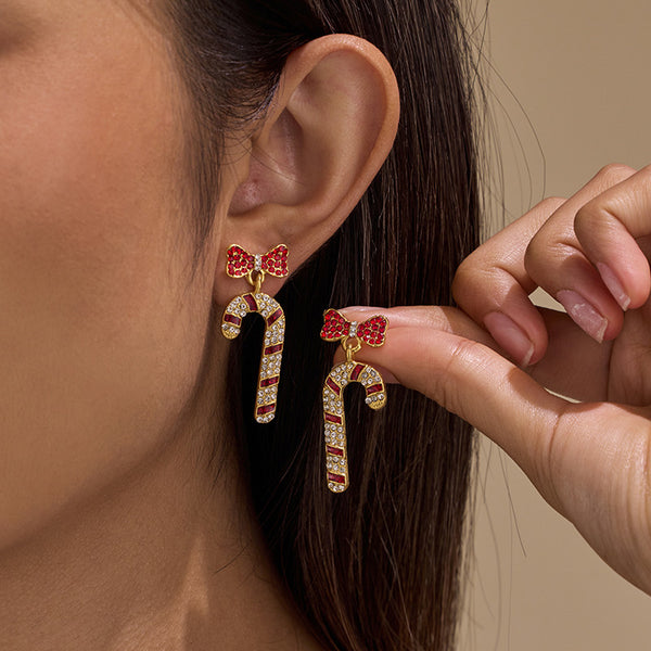 Crystal Bow & Rhinestone Candy Cane Drop Earrings | 40E558
