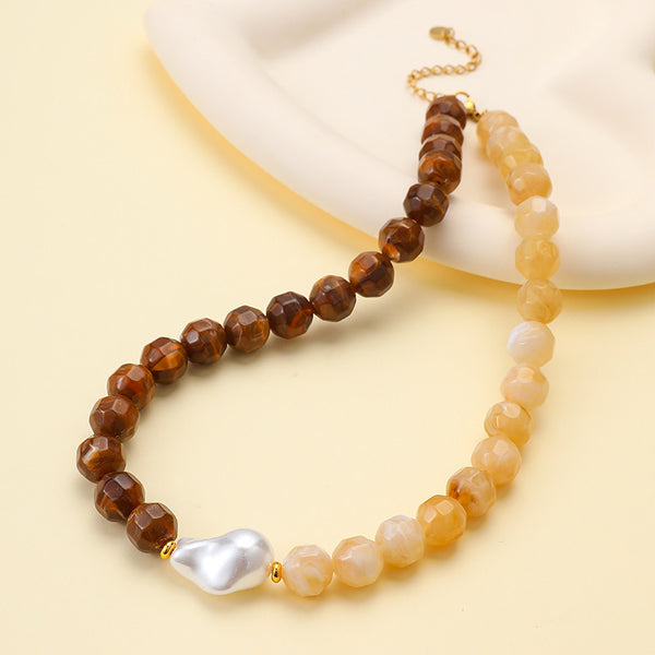 Two-Tone Faceted Natural Stone & Pearl Necklace | 40NK9770
