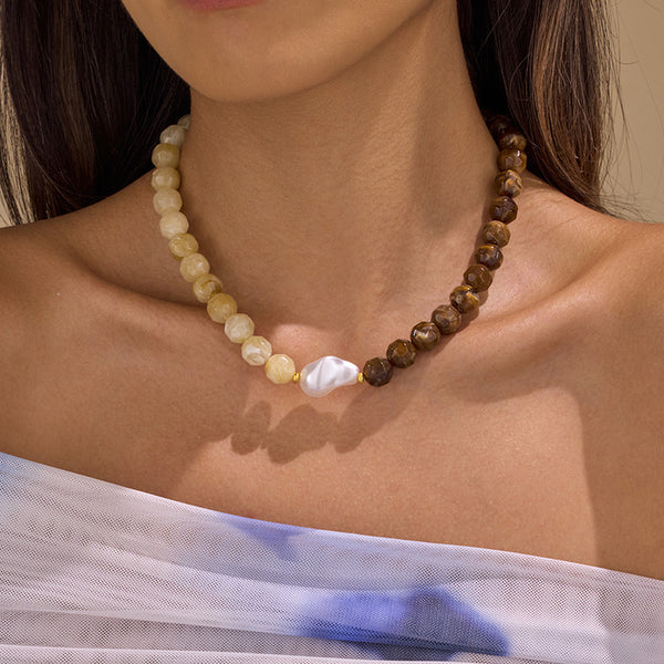 Two-Tone Faceted Natural Stone & Pearl Necklace | 40NK9770