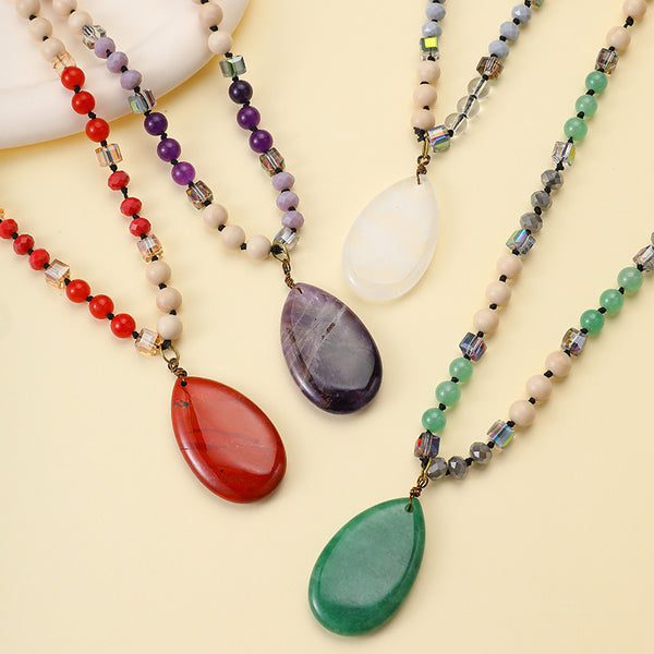 Natural Stone Teardrop Pendant Beaded Long Necklace|40NK9773