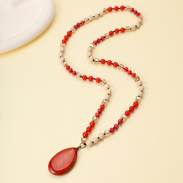 Natural Stone Teardrop Pendant Beaded Long Necklace|40NK9773