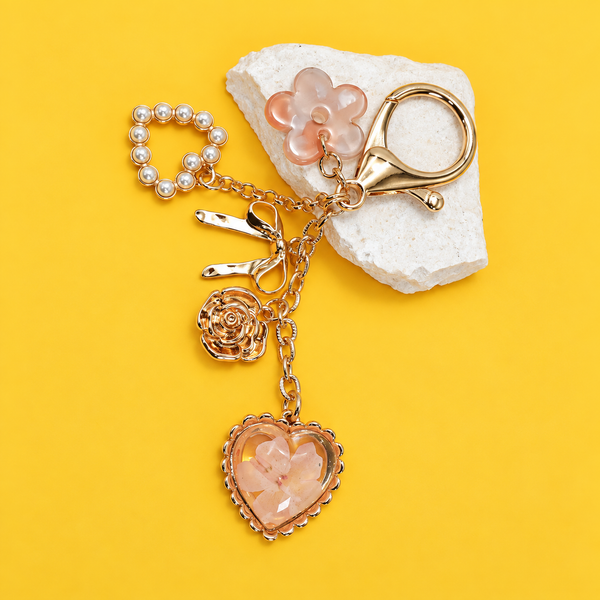 BAG CHARM- PRESSED FLOWER BOW PEARL HEART CHARMS | 80K026