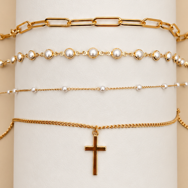 Layered Gold & Pearl Cross Statement Necklace Set | 40NK9673