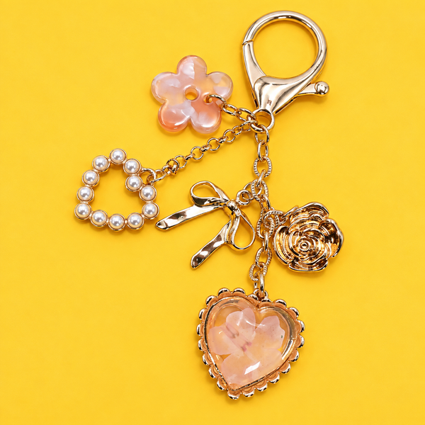 BAG CHARM- PRESSED FLOWER BOW PEARL HEART CHARMS | 80K026