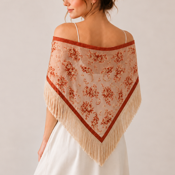 Vintage Sheer Floral Mesh Fringe Triangular Shawl | 40SC775