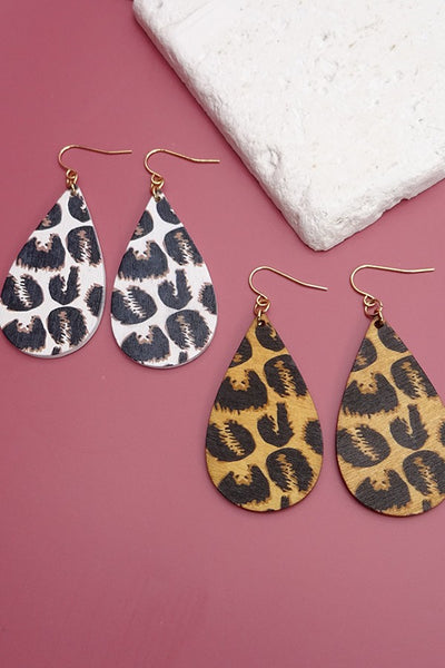 LEOPARD PRINT TEARDROP WOODEN EARRINGS | 31E21338