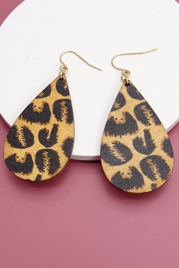 LEOPARD PRINT TEARDROP WOODEN EARRINGS | 31E21338