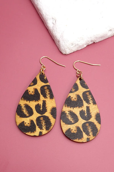 LEOPARD PRINT TEARDROP WOODEN EARRINGS | 31E21338