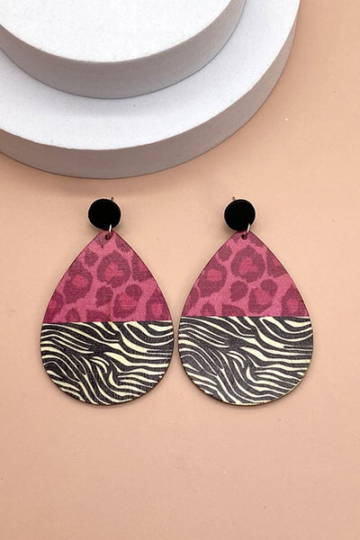 WOOD MIX ANIMAL PRINT TEAR DROP EARRING | 40E182