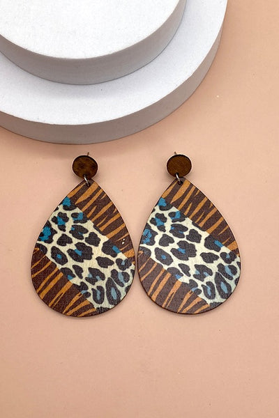 WOOD MIX ANIMAL PRINT TEAR DROP EARRING | 40E182