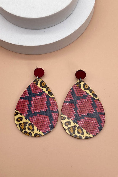 WOOD MIX ANIMAL PRINT TEAR DROP EARRING | 40E182