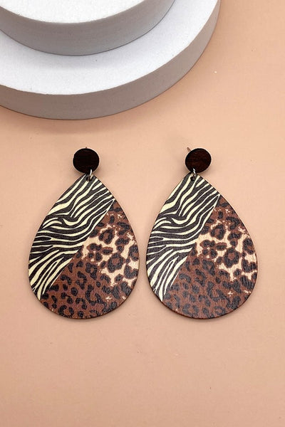 WOOD MIX ANIMAL PRINT TEAR DROP EARRING | 40E182