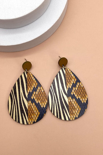 WOOD MIX ANIMAL PRINT TEAR DROP EARRING | 40E182