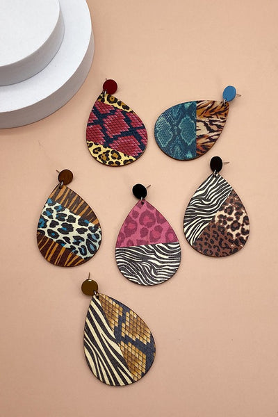 WOOD MIX ANIMAL PRINT TEAR DROP EARRING | 40E182