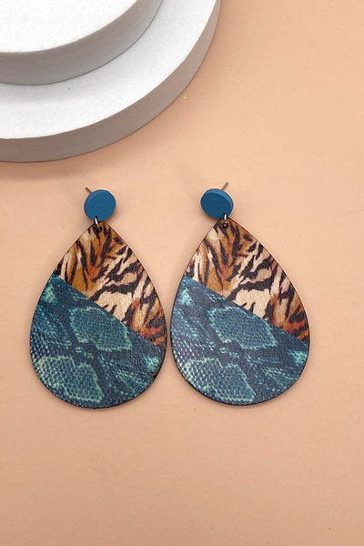 WOOD MIX ANIMAL PRINT TEAR DROP EARRING | 40E182