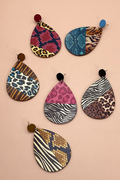 WOOD MIX ANIMAL PRINT TEAR DROP EARRING | 40E182