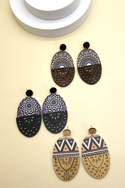 WOOD MIXED AZTEC PRINT TEAR DROP EARRINGS | 40E183