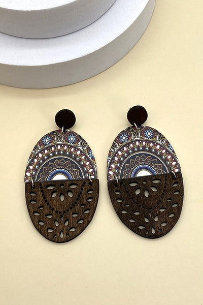 WOOD MIXED AZTEC PRINT TEAR DROP EARRINGS | 40E183