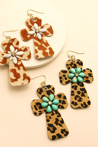 BOHO FAUX LEATHER CROSS WITH STONE EARRINGS | 51E1093006