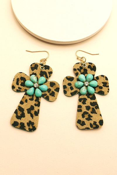 BOHO FAUX LEATHER CROSS WITH STONE EARRINGS | 51E1093006