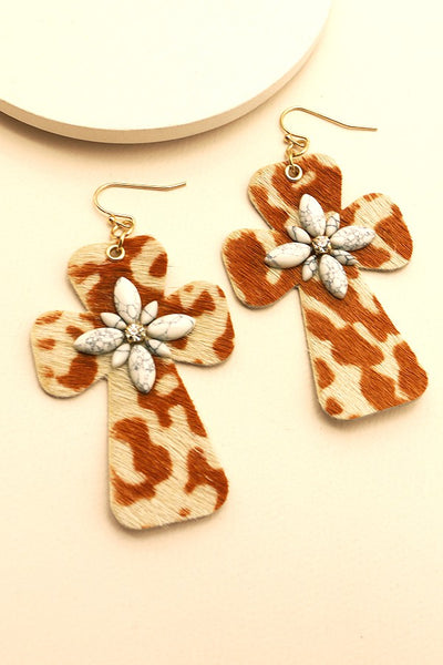 BOHO FAUX LEATHER CROSS WITH STONE EARRINGS | 51E1093006