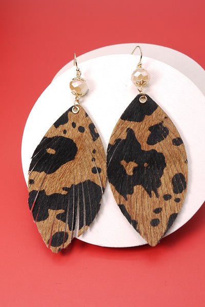 FAUX LEATHER ANIMAL PRINT LEAF EARRINGS | 51E1093001