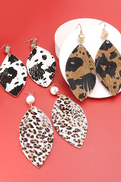 FAUX LEATHER ANIMAL PRINT LEAF EARRINGS | 51E1093001