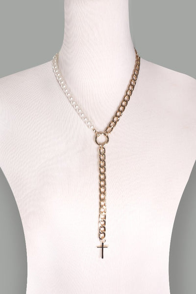 Y CROSS DROP HALF PEARL GOLD NECKLACE | 31N24010