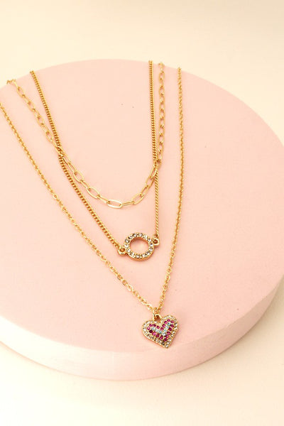 RHINESTONE CIRCLE HEART TRIPLE LAYERED NECKLACE | 31N21376