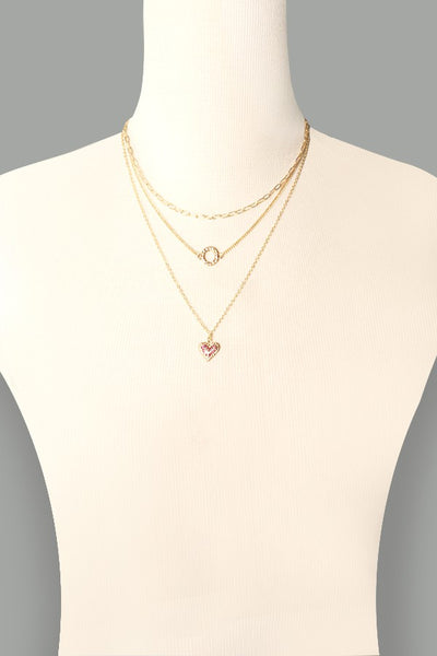 RHINESTONE CIRCLE HEART TRIPLE LAYERED NECKLACE | 31N21376