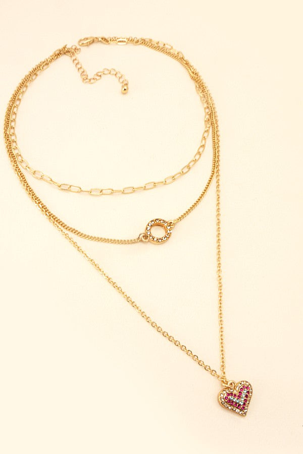 RHINESTONE CIRCLE HEART TRIPLE LAYERED NECKLACE | 31N21376