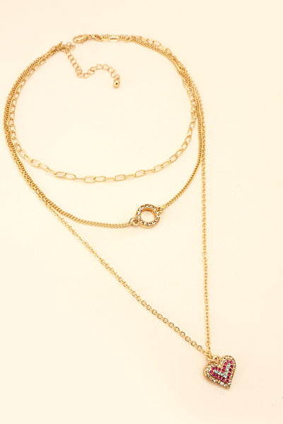 RHINESTONE CIRCLE HEART TRIPLE LAYERED NECKLACE | 31N21376