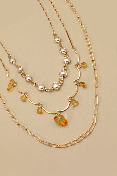 MULTI LAYER PEARL TOPAZ STONE NECKLACE | 25N379