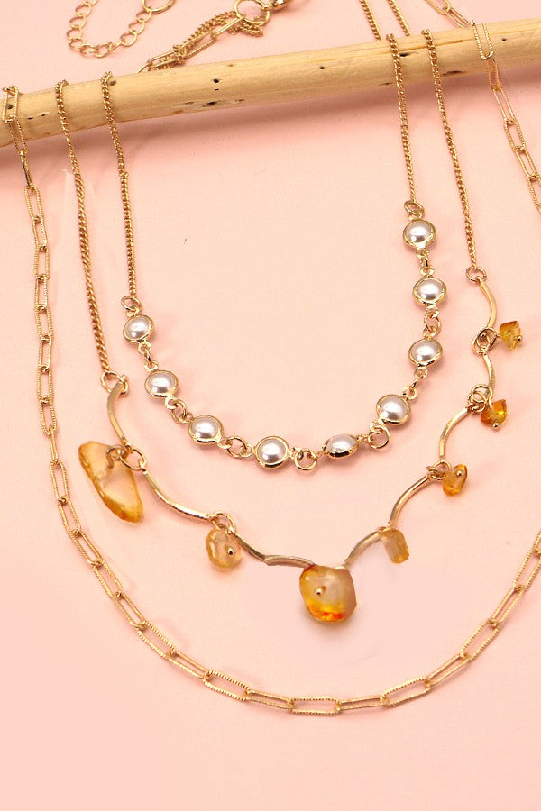 MULTI LAYER PEARL TOPAZ STONE NECKLACE | 25N379