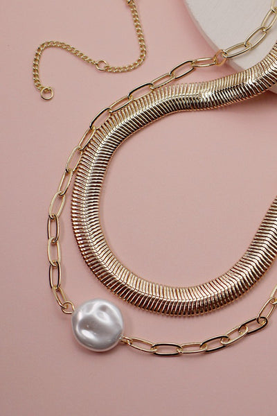 DOUBLE LAYER SNAKE CHAIN PEARL PENDANT NECKLACE | 51N2021607