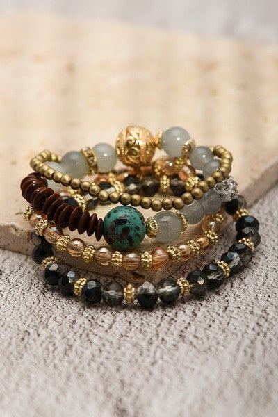 BOHO WOOD FACET BEAD HEART BRACELET SET | 25B303