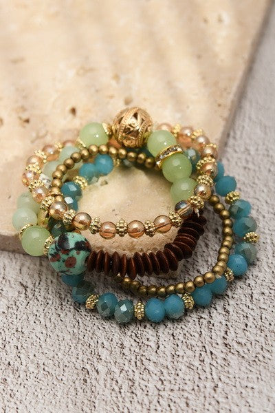 BOHO WOOD FACET BEAD HEART BRACELET SET | 25B303