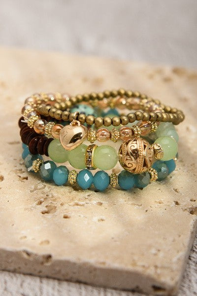 BOHO WOOD FACET BEAD HEART BRACELET SET | 25B303