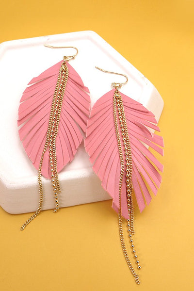 LEATHER LEAF WITH CHAIN DROP EARRINGS | 52E2101833