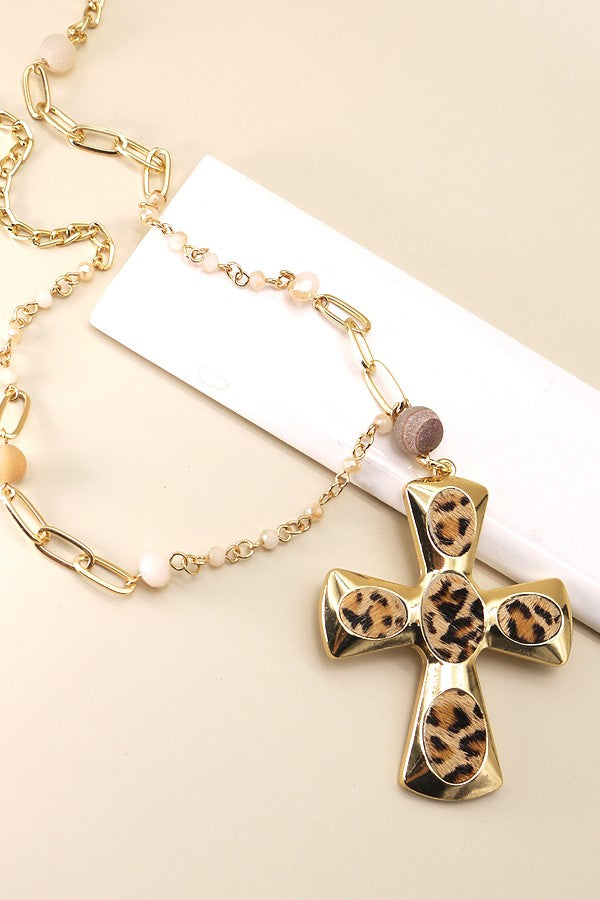 LONG CROSS LEOPARD BEADED NECKLACE | 51N1093007