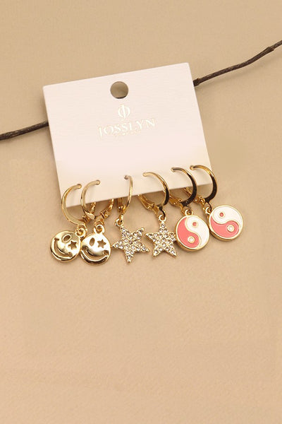 SMILEY STAR YINGYANG TRIO MINI HOOP EARRINGS | 71E21557